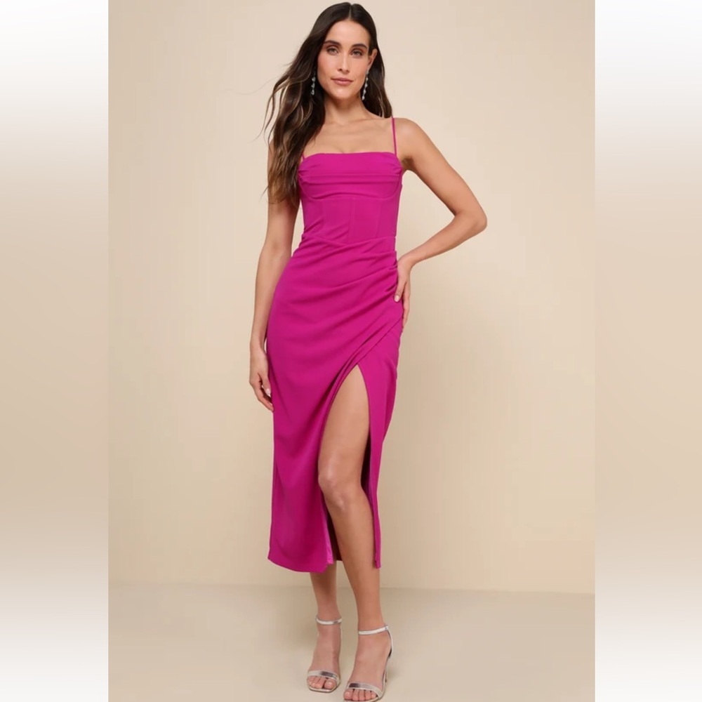 Lulus Always Turning Heads Magenta Bustier Tulip Midi Dress Magenta Small